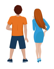 Boy and girl from the back. Rear view of young couple. Backside view of person. Isolated vector illustration of cartoon characters looking ahead on white background.