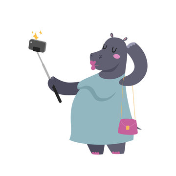 Funny picture photographer mamal person take selfie stick in his hand and cute hippo animal taking a selfie together with smartphone camera vector illustration.