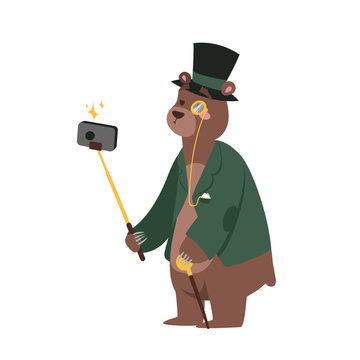 Funny picture bear photographer mamal person take selfie stick in his hand and cute animal taking a selfie together with smartphone camera vector illustration.