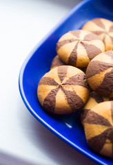 Short pastry cookies with addition of chocolate in blue plate