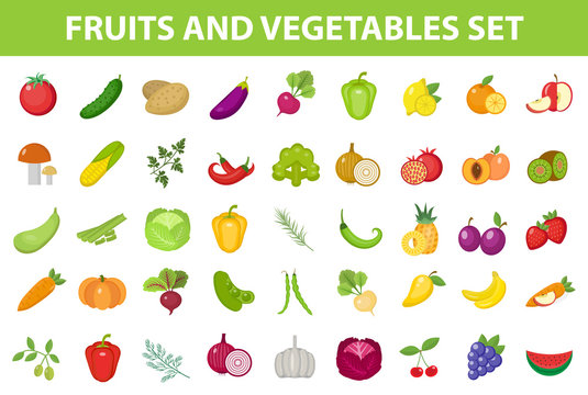Fresh Fruit and Vegetable icon set, flat, cartoon-style. Berries and herbs isolated on white background. Farm products, vegetarian food. Vector illustration