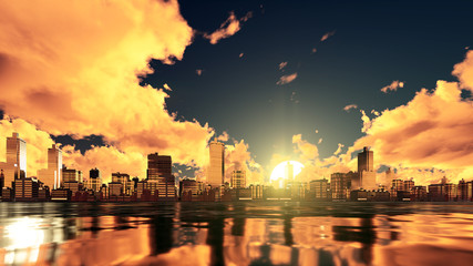 Fantastic big setting sun and dramatic golden clouds over abstract city with high rise buildings skyscrapers skyline reflected in water. 3D illustration.