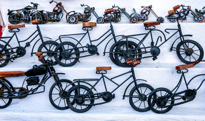 Homemade motorbikes at a flea market in India