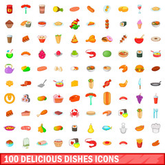 100 delicious dishes icons set, cartoon style