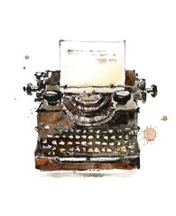 Watercolor Vintage Typewriter Hand Painted Illustration isolated on white background - 139013761