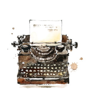 Watercolor Vintage Typewriter Hand Painted Illustration isolated on white background