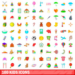 100 kids icons set, cartoon style