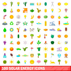 100 solar energy icons set, cartoon style