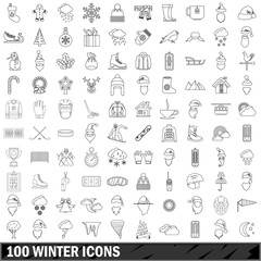 100 winter icons set, outline style