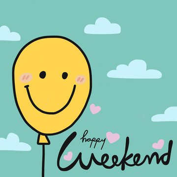 Yellow balloon on blue sky and happy weekend word cartoon illustration