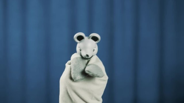 Cute gray mouse hand puppet toy appear on scene waving greeting audience blue crease curtains background