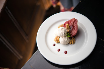 Wine Poached Pears with whipped cream 