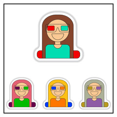 Collection of Vector illustration in paper sticker style girl at the Cinema theater in 3D glasses