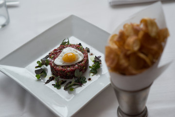 Steak Tartare with Quail egg and Potato Chips 