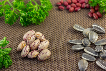 Assorted foods and ingredients on mat