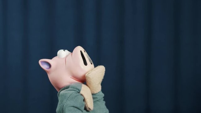 Pink pig in shirt hand puppet toy thinking and start worrying on scene with blue crease curtains background