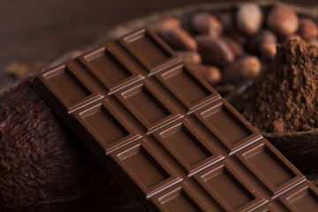 Cocoa pod and chocolate bar and food dessert background