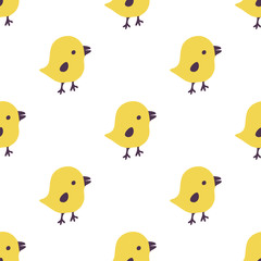 Seamless pattern with cartoon yellow chicks. Easter greeting cards, Hand drawn background