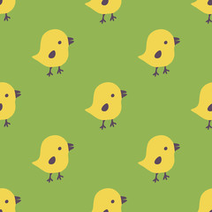 Seamless pattern with cartoon yellow chicks. Easter greeting cards, Hand drawn background