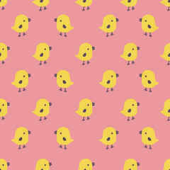 Seamless pattern with cartoon yellow chicks. Easter greeting cards, Hand drawn background