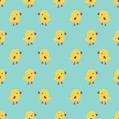 Seamless pattern with cartoon yellow chicks. Easter greeting cards, Hand drawn background