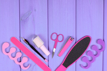 Cosmetics and accessories for manicure or pedicure, concept of foot, hand and nail care, copy space for text