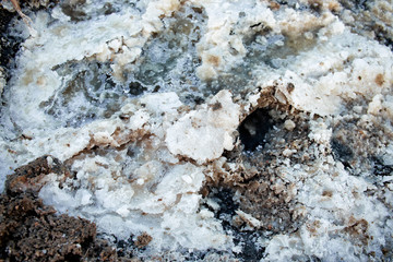 Crystal salt on the shores of Lake Las Salinas de Torrevieja, Spain.