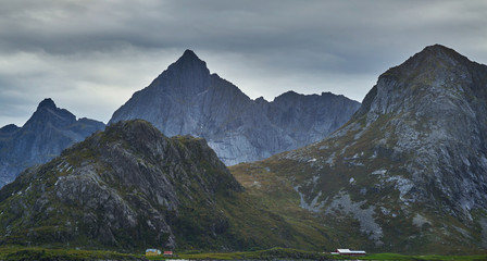 small local houses beside the mountain in Moskenes,Lofoten island - Norway