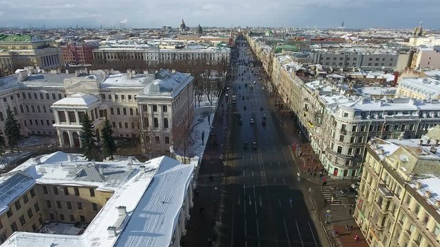 Perspective of the Nevsky Prospekt (avenue) to the Admiralty. Multiline highway with day traffic. Top view. Saint-Petersburg, Russia