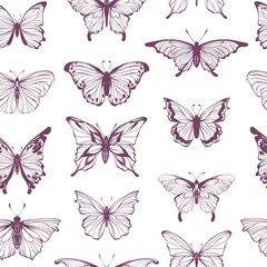 Fototapeta na wymiar Seamless pattern with collection of different butterflies for summer and spring design, vintage, boho. Handdrawn separated editable elements, Vector illustration.