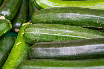 Green Cucumber Market Group Basket Sale Fresh Vegetable Food Texture Closeup
