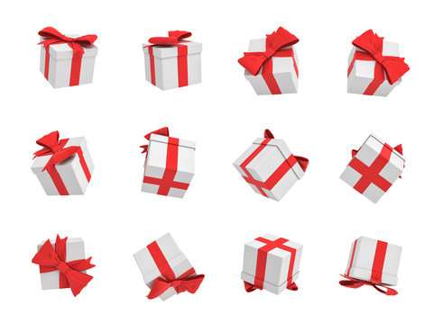 3d rendering of many white gift boxes flying on white background in different views.