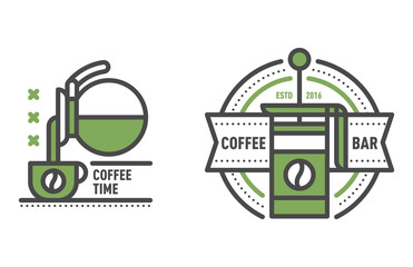 Coffee badge logo food design thin line lettering for restaurant, cafe menu coffee house and shop element beverage label sticker vector illustration.