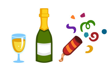 Holiday gold champagne glass new year party beverage romantic drink bottle. Refreshing cocktail with ice. Colourful vector illustration transparent mixed water and clapper of confetti.