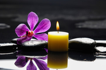 Fototapeta na wymiar Pink orchid and candle on black stones 