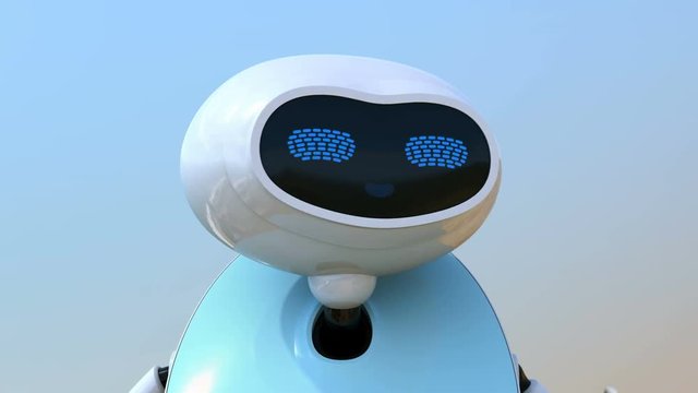 Humanoid robot with touch screen isolated on light blue background. 3D rendering animation.
