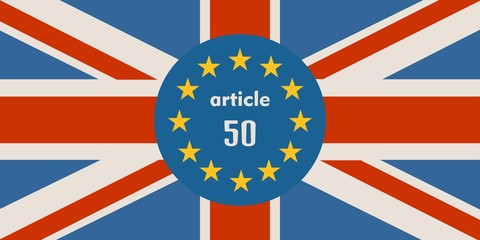 United Kingdom exit from Europe relative image. Brexit named politic process. Round flags. Article 50 text