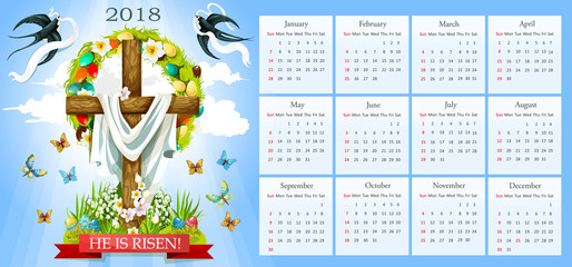 Vector calendar Easter crucifix and paschal eggs