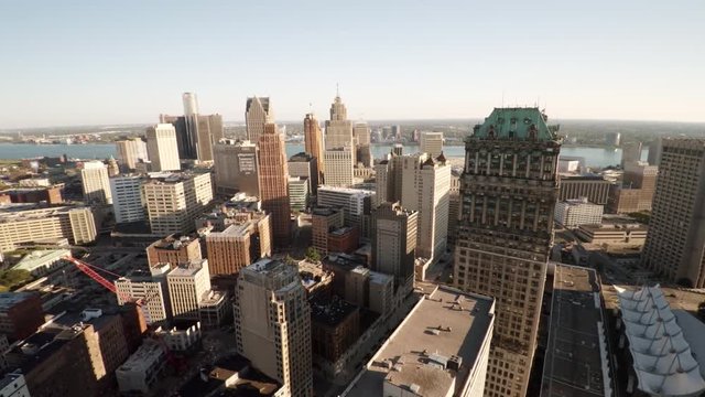 Aerial View of Detroit skyline during sunset 