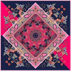 Beautiful square carpet with stylized rose and ornamental frame. Bright vector illustration. Diagonal composition.