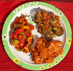 Jackfruit curry, Broccoli curry and tricolour spicy Capsicum curry in a white plate on red background.