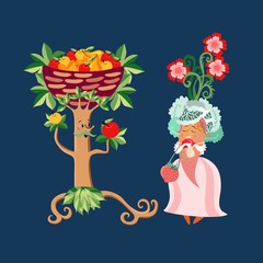 Unique wedding invitation with cute cartoon characters for a vegetarian. Groom fruit tree and bride carrot.