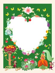 Greeting card, unusual frame or unique wedding invitation with cute cartoon characters. Apple tree, princess Carrot, monkeys, birds, butterflies, vegetables, fruits, flowers.  Space for text. Vector.