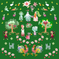 Fairy tale summer background with cute cartoon characters. Beautiful animal print with raccoons, roosters, cats and monkeys in the garden. Endless vector illustration.
