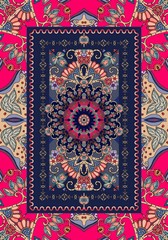 Beautiful carpet in indian style with ornamental frame and flower mandala. Bright vector illustration. Unique design.