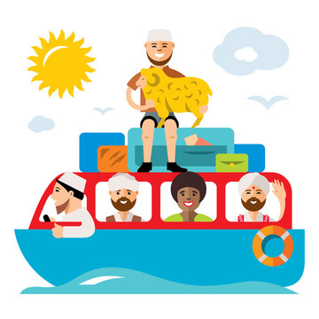 Vecctor Refugee migrants boat. Illegal migration. Flat style colorful Cartoon illustration.