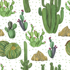 Watercolor painting seamless pattern with hand drawn cactus and palm garden.