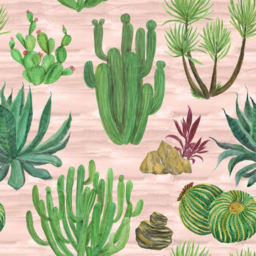 Watercolor painting seamless pattern with hand drawn cactus and palm garden.