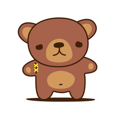 Poor kawaii teddy bear with sewn paw. Vector illustration.