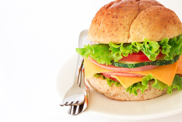 burger sandwiches bread with bacon , ham and cheese with vegetable , healthy breakfast on white background , healthy breakfast food concept